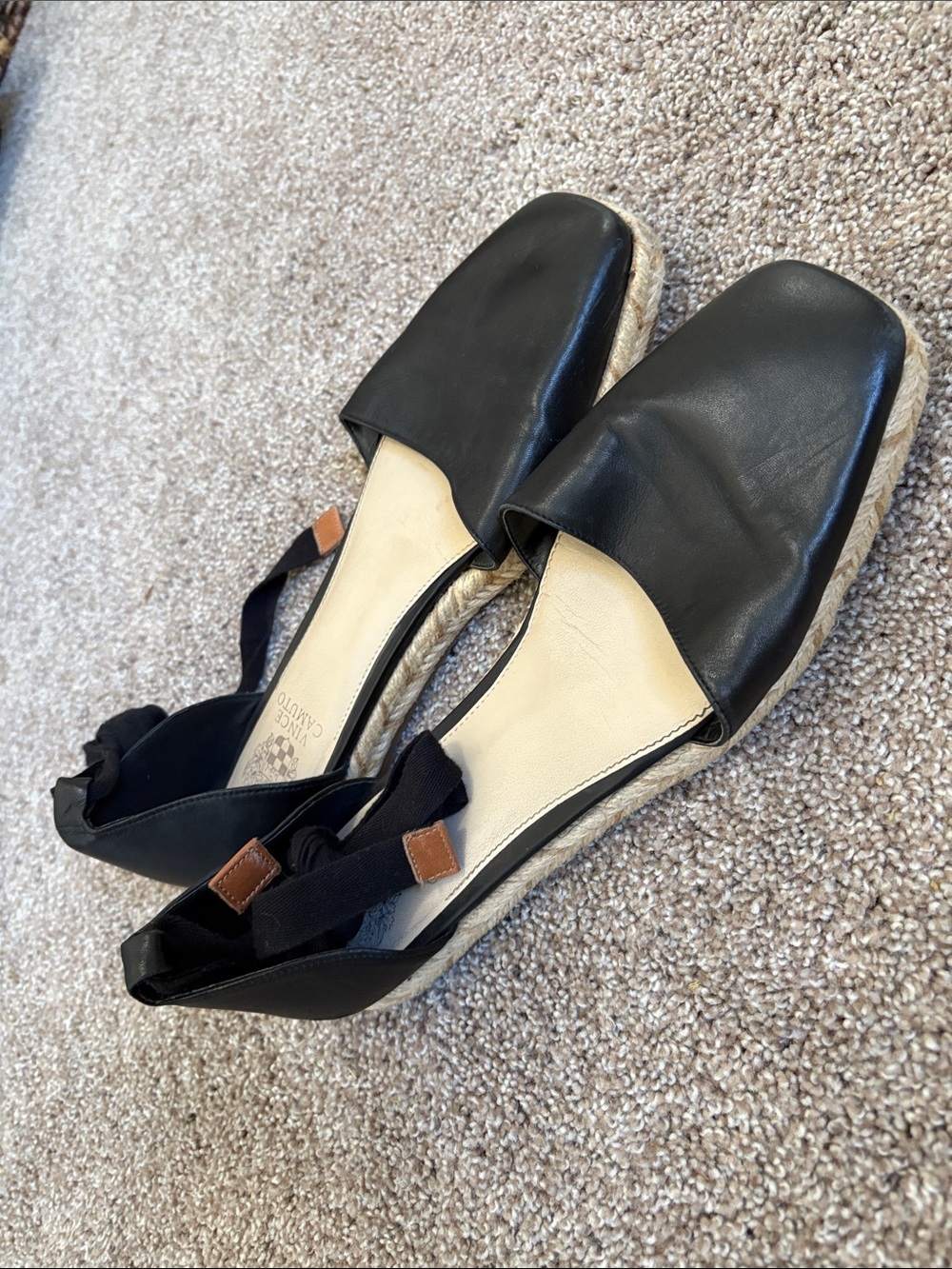 Vince Camuto Black Leather Espadrille Slide Sandals with Bow Tie